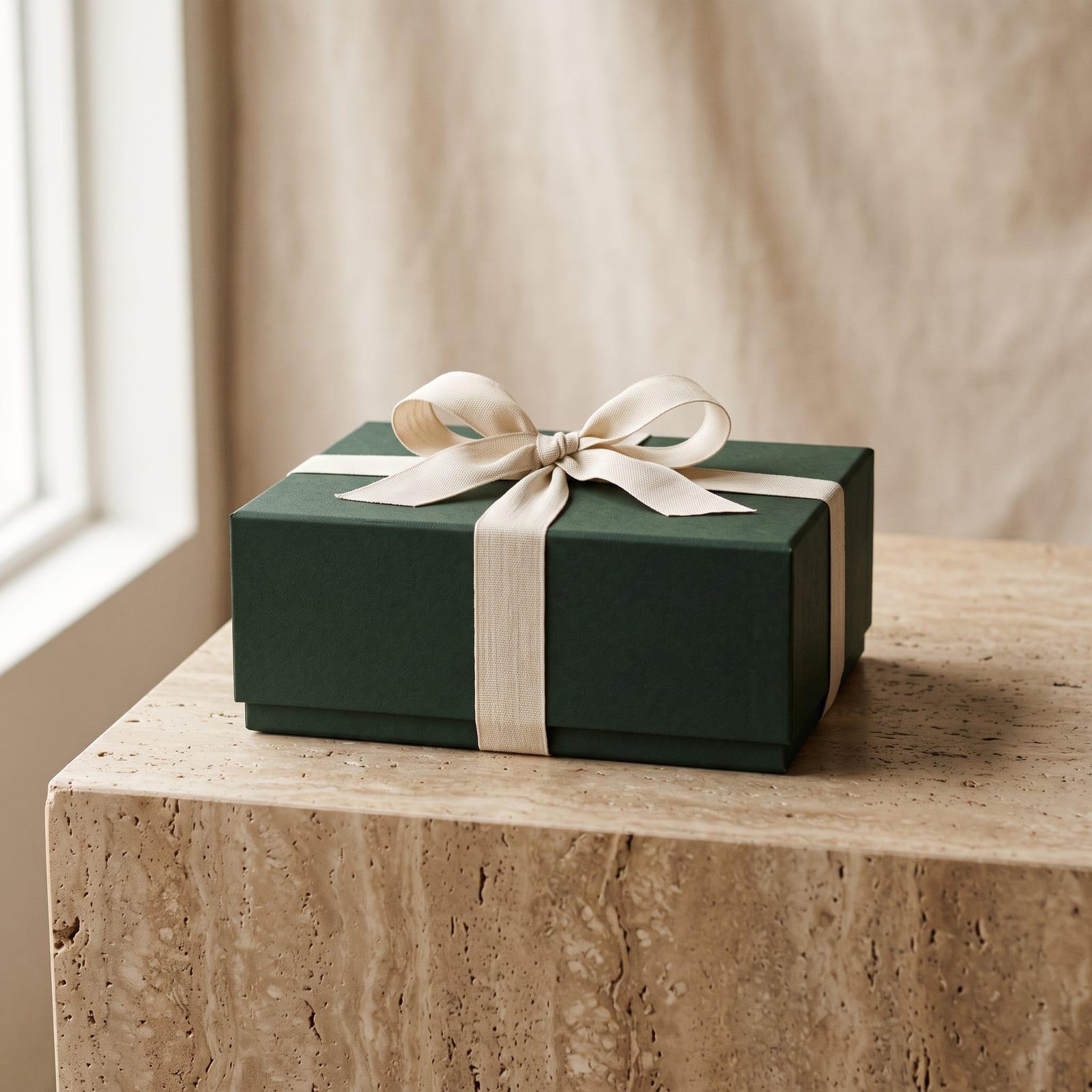 Dunkelgrüne Geschenkbox mit Leinenband