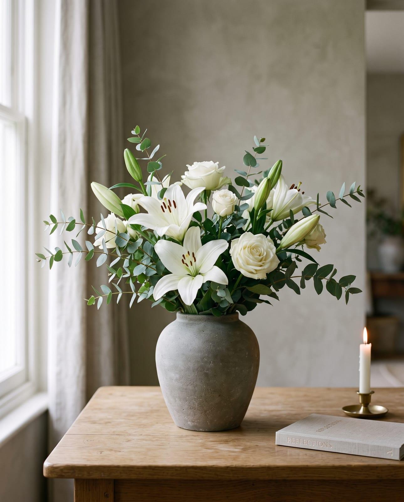 Weiße Lilien und Rosen in einer Steinvase