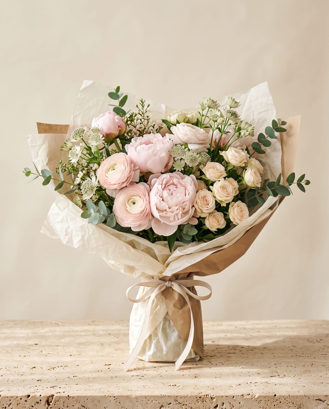 Blush – Pastellstrauß mit Pfingstrosen und Ranunkeln