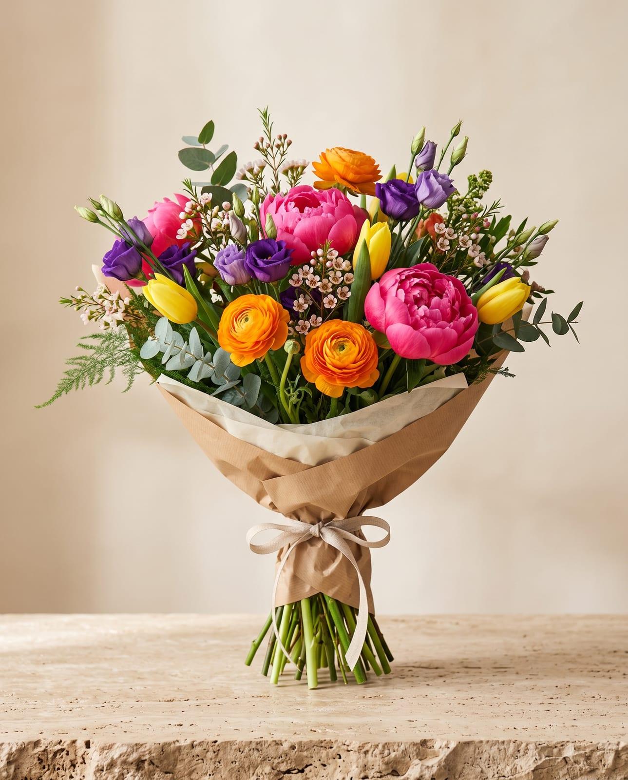 Confetti – Bunter Strauß mit Pfingstrosen, Ranunkeln und Tulpen