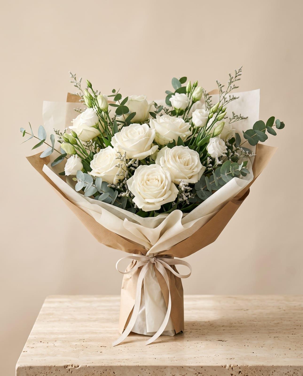 Ivory – Strauß aus weißen Rosen und Lisianthus