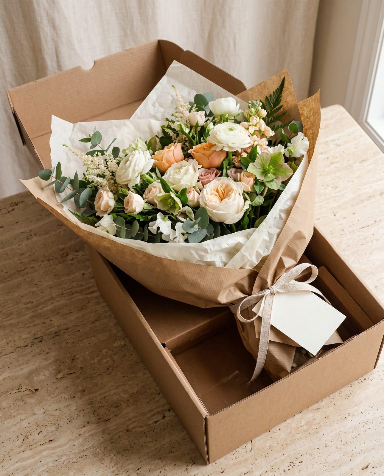 Verpackung in Seidenpapier und Kraftpapier mit Leinenband