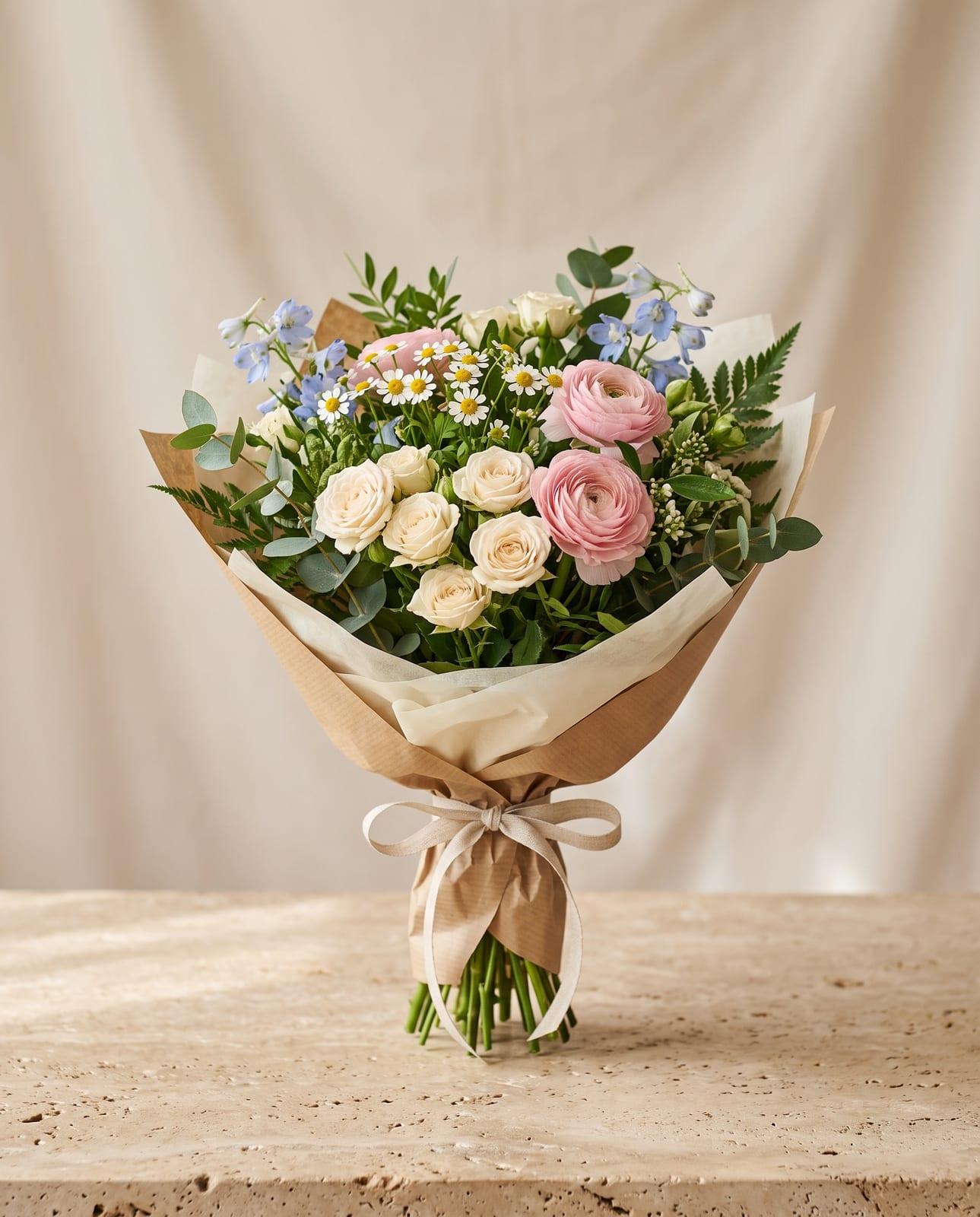 Petit – Kleiner Saisonstrauß mit Sprayrosen und Kamille