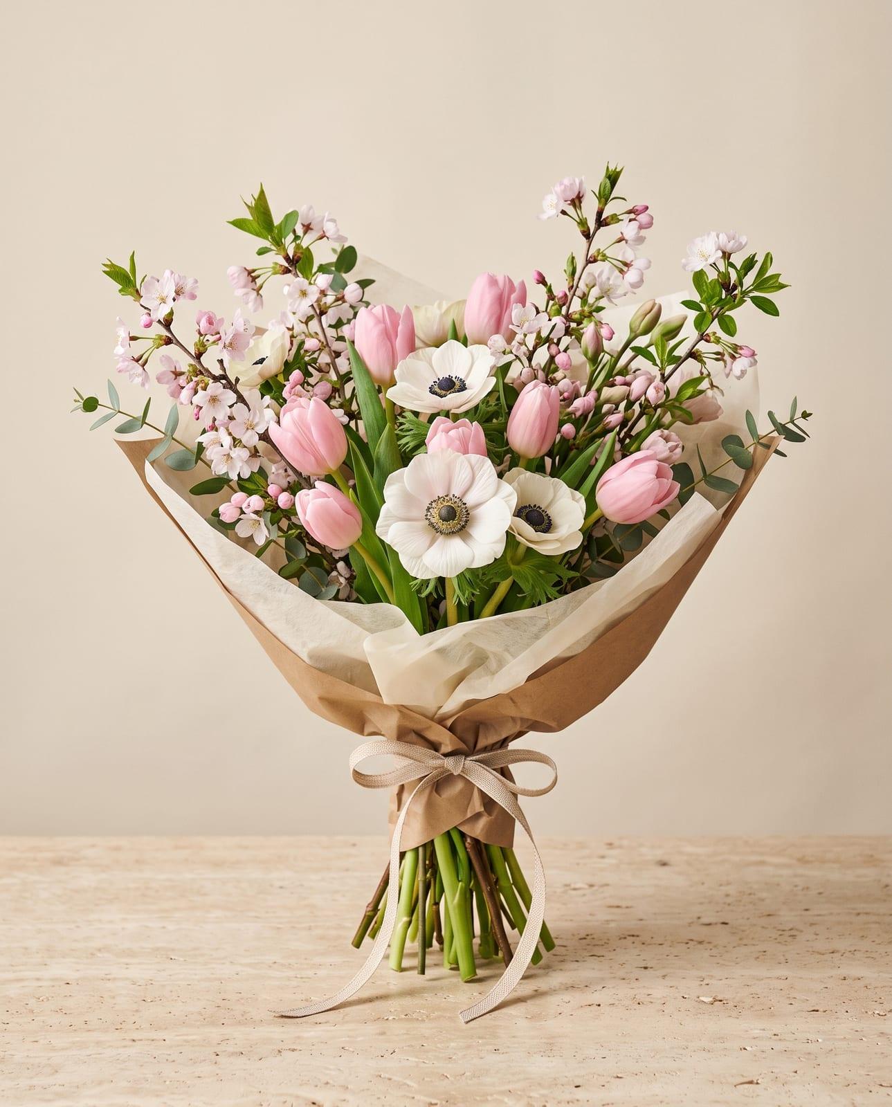 Sakura – Frühlingsstrauß mit rosa Tulpen und Anemonen