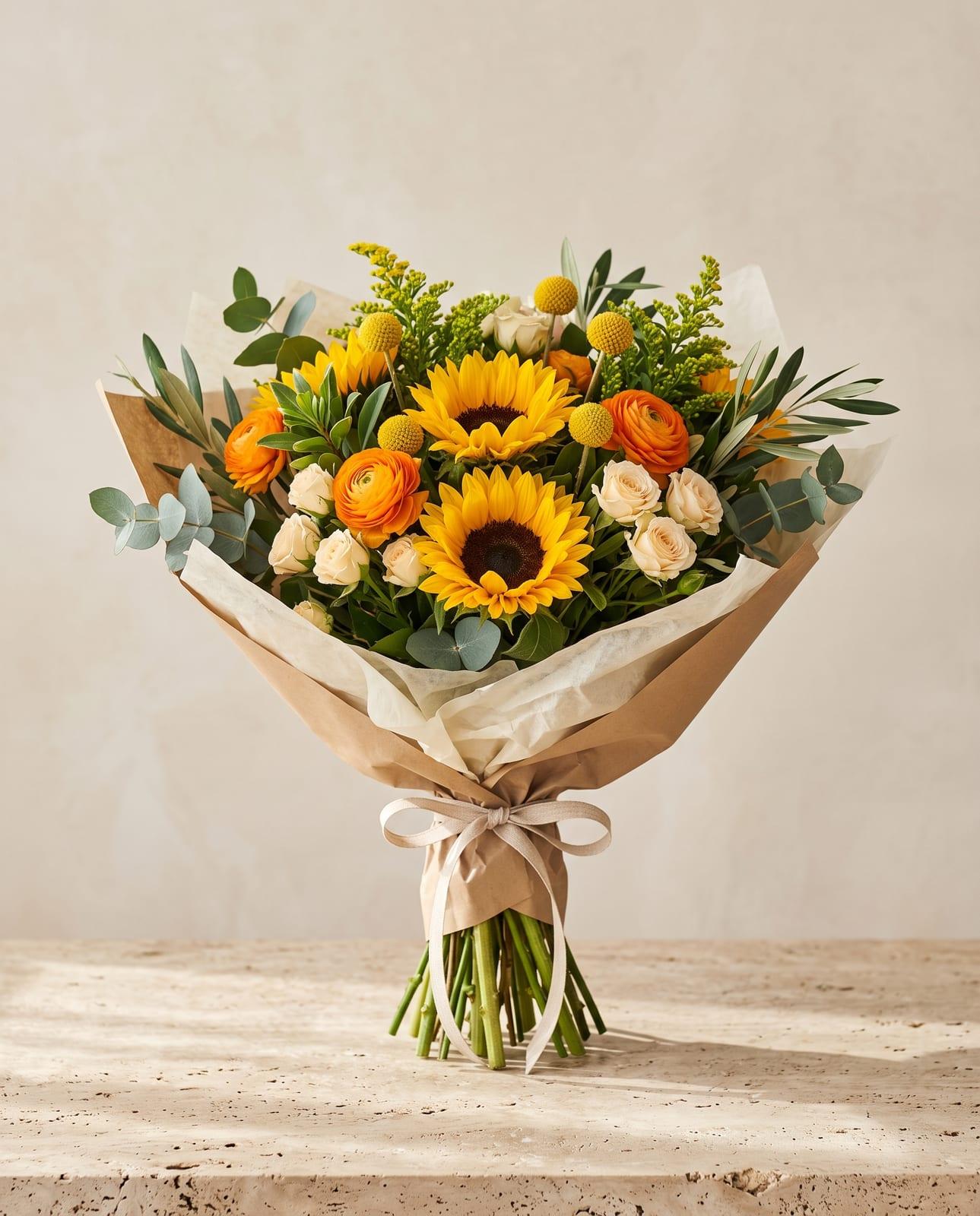 Solstice – Strauß mit Sonnenblumen und orangen Ranunkeln