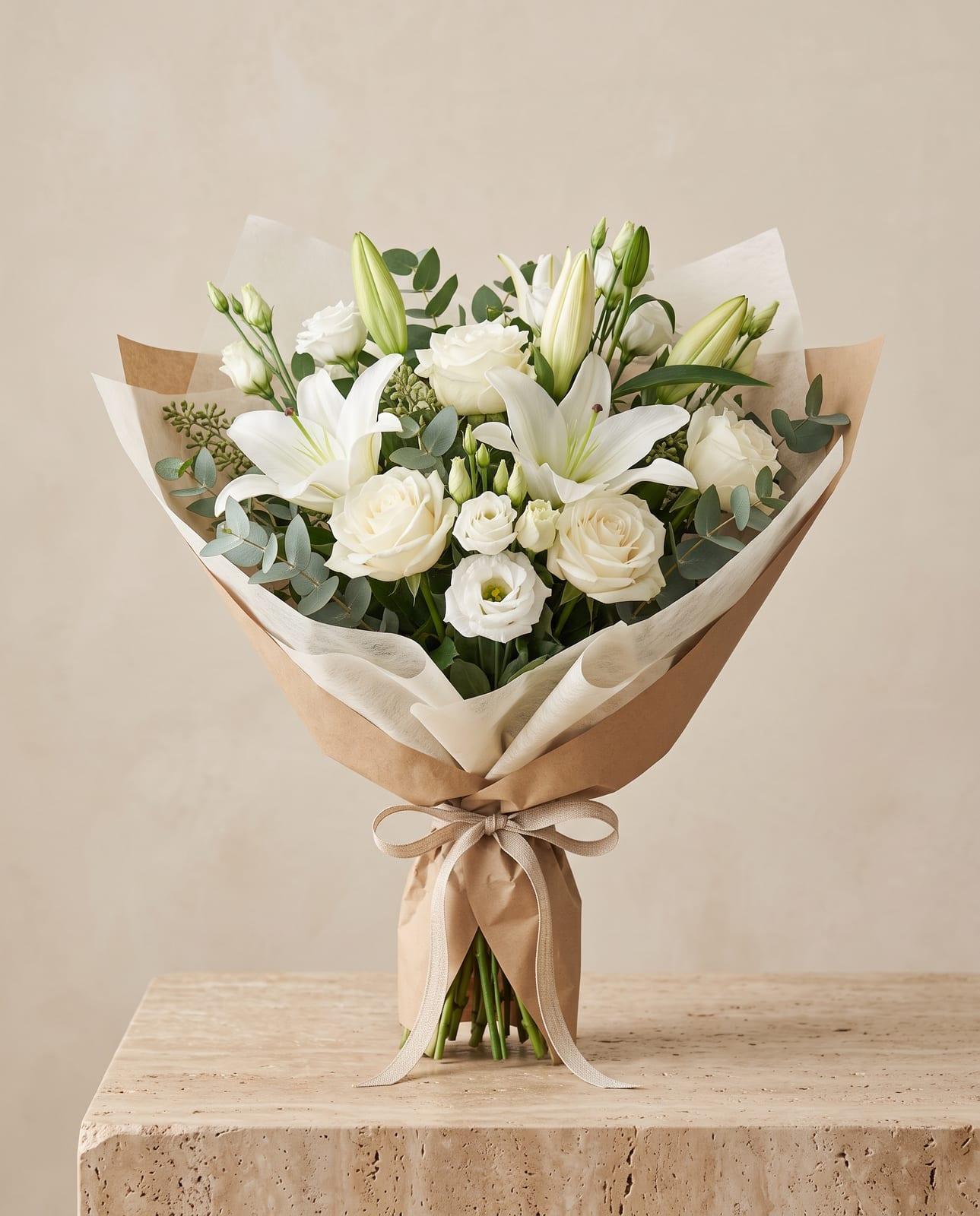 Stille – Weißer Strauß mit Lilien und Rosen